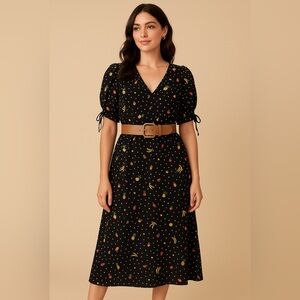 FARM Rio Black Midi Dress with Multicolor Fruit Print